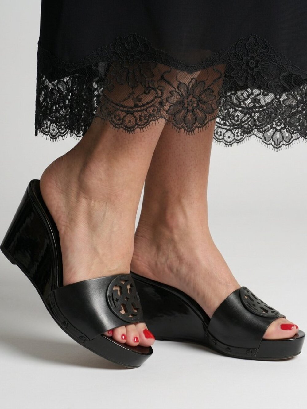 TORY BURCH Leather Wedges Black Patty Slides Clogs Size 7.5